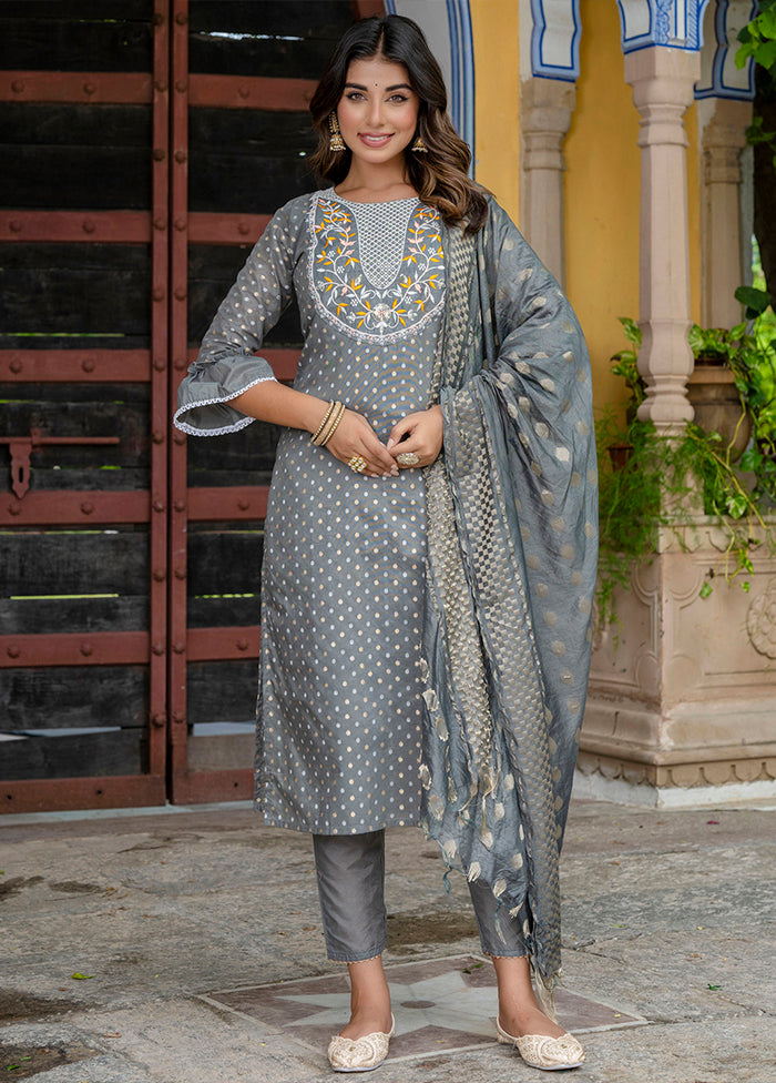 3 Pc Grey Silk Suit Set