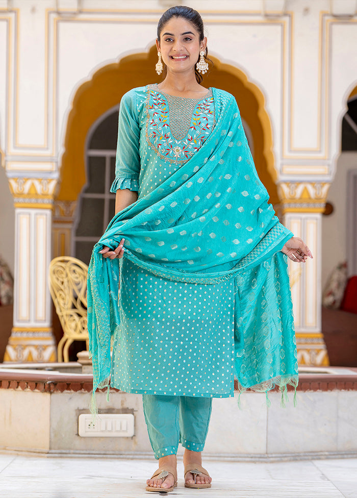 3 Pc Blue Silk Suit Set