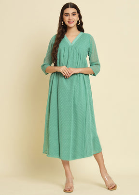 Green Woven Work Silk Kurti
