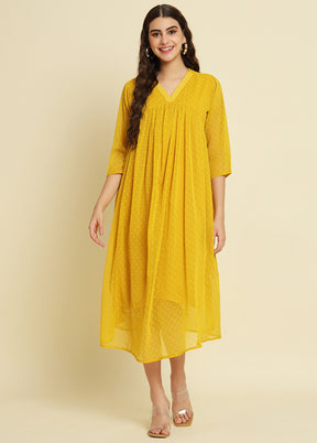 Yellow Woven Work Silk Kurti