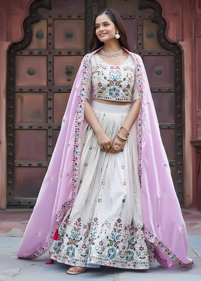 White Blended Silk Dupatta Lehenga Set