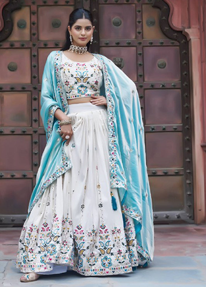 White Blended Silk Dupatta Lehenga Set
