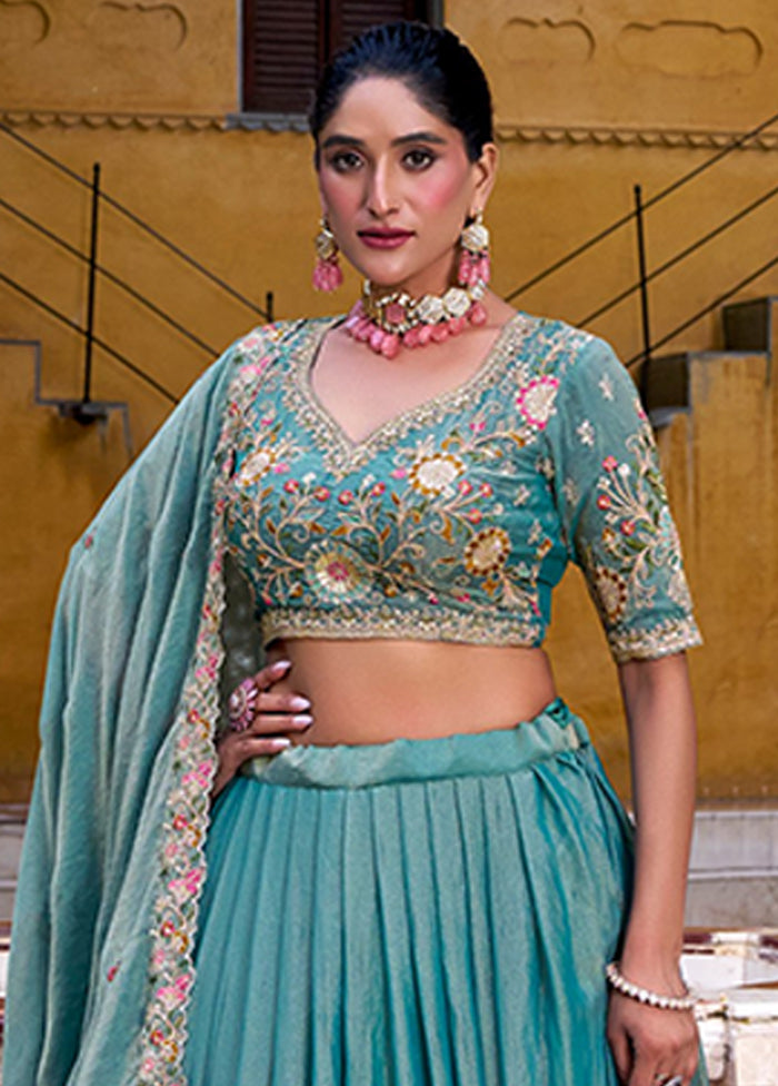 Blue Blended Silk Dupatta Lehenga Set