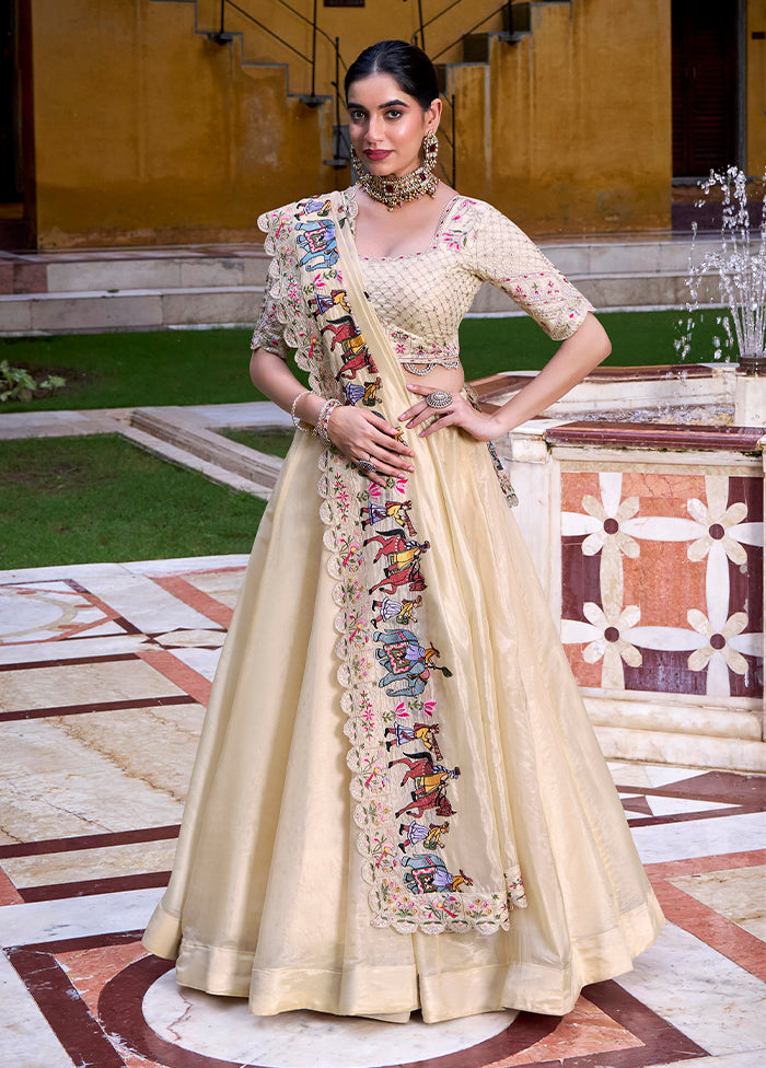 Cream Blended Silk Dupatta Lehenga Set