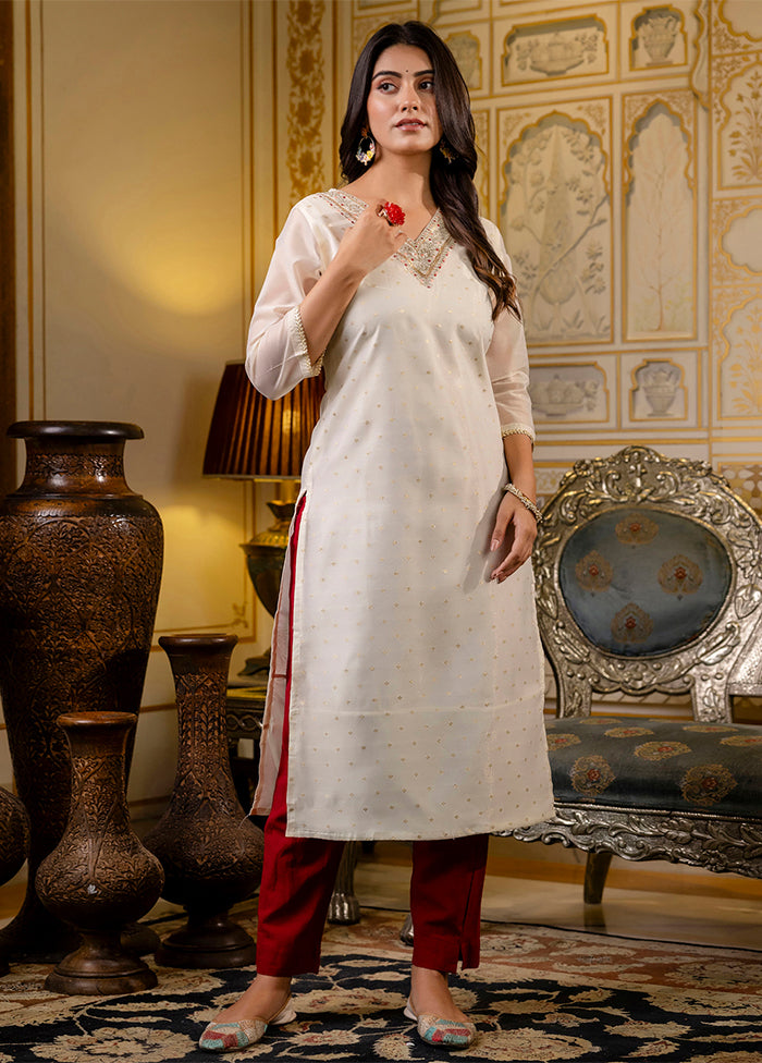 Cream Embroidered Work Silk Kurti