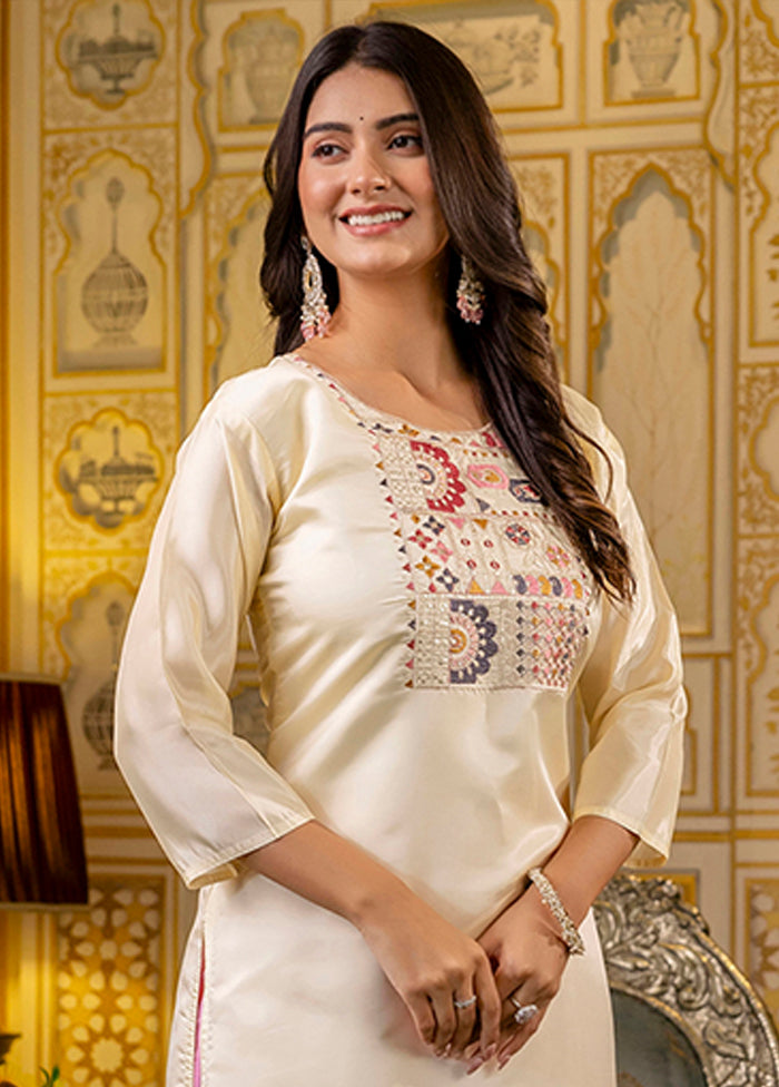 Cream Embroidered Work Silk Kurti