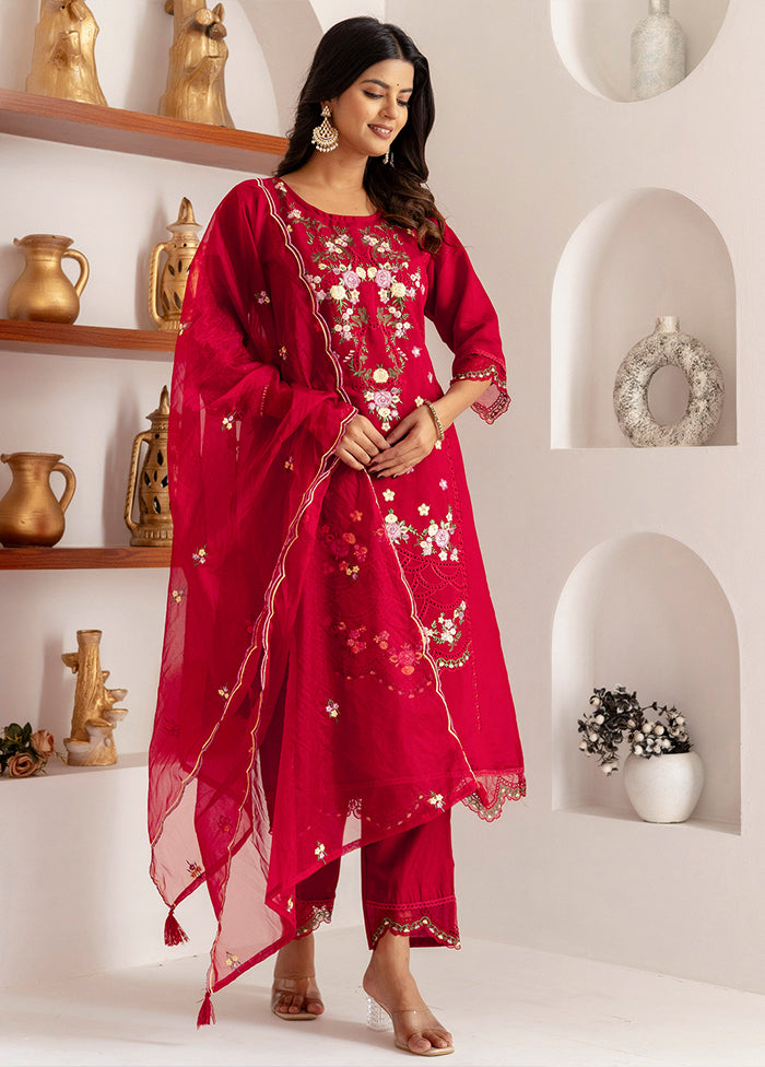 3 Pc Red Silk Suit Set
