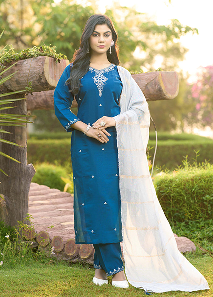 3 Pc Blue Silk Suit Set