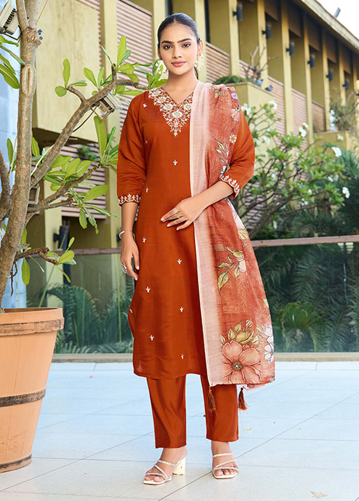 3 Pc Brown Silk Suit Set