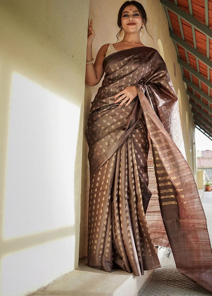 Brown Spun Silk Saree With Blouse Piece