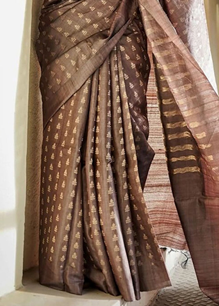Brown Spun Silk Saree With Blouse Piece