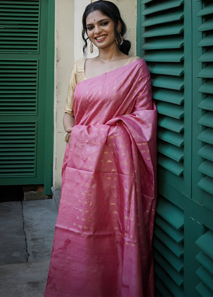 Pink Spun Silk Saree With Blouse Piece