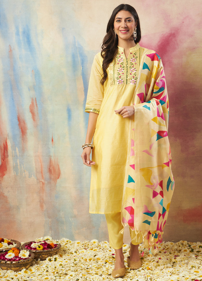 3 Pc Yellow Silk Suit Set