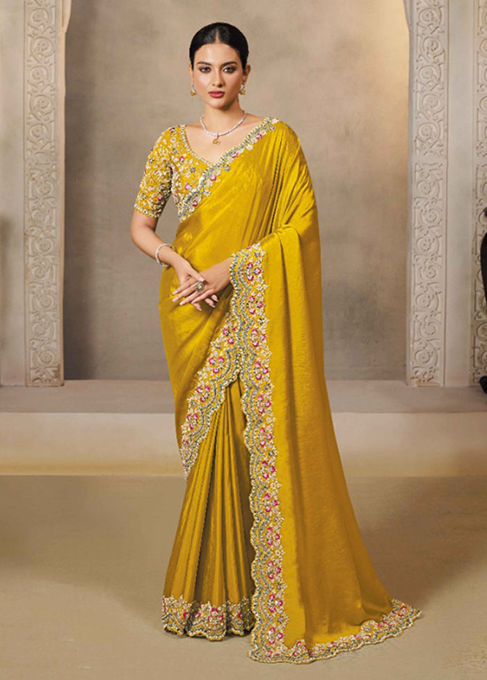 Yellow Spun Silk Saree With Blouse Piece
