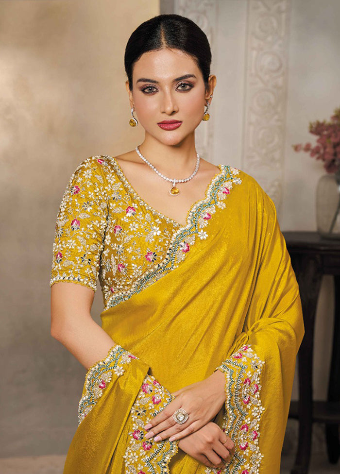 Yellow Spun Silk Saree With Blouse Piece