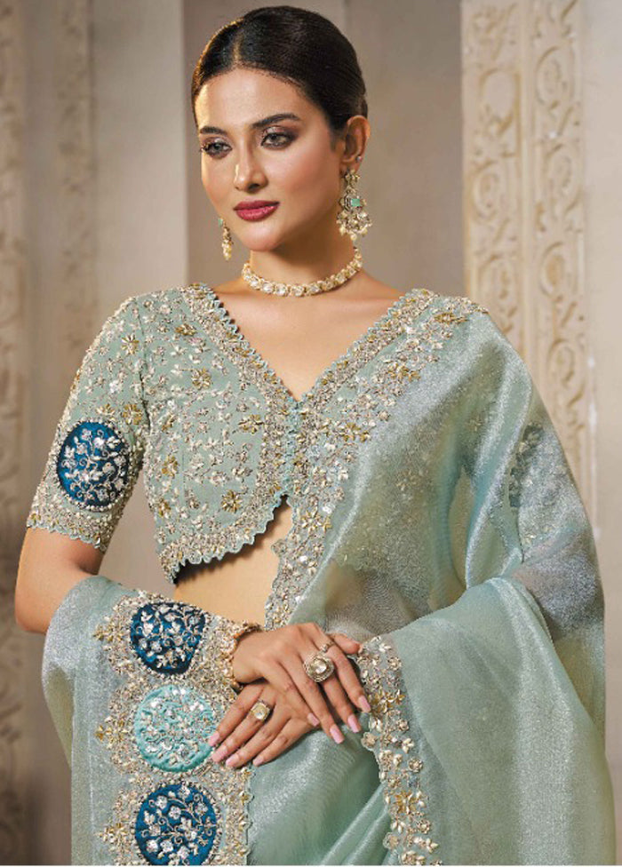 Blue Organza Saree With Blouse Piece