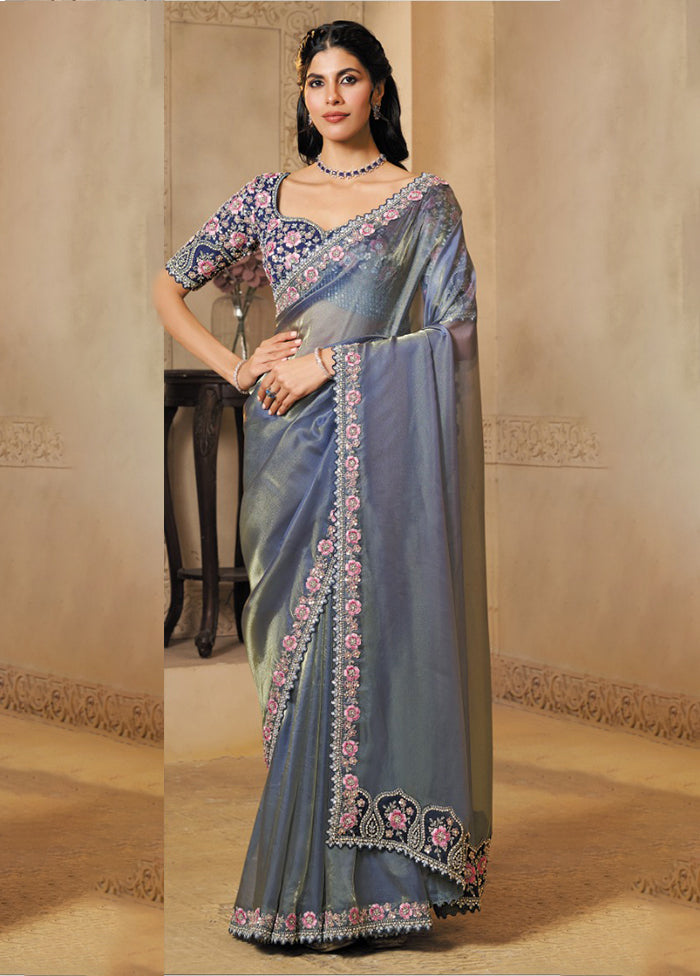 Blue Organza Saree With Blouse Piece