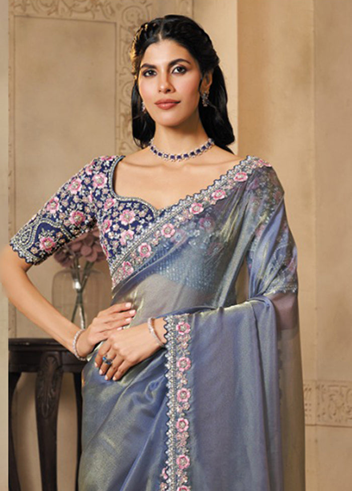 Blue Organza Saree With Blouse Piece