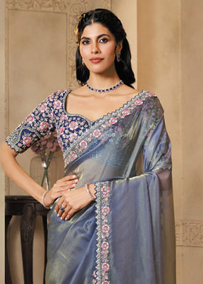Blue Organza Saree With Blouse Piece