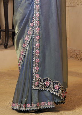 Blue Organza Saree With Blouse Piece