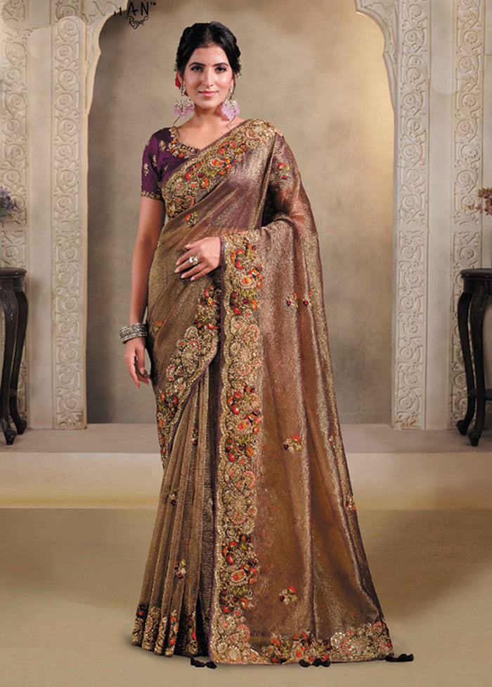 Brown Spun Silk Saree With Blouse Piece
