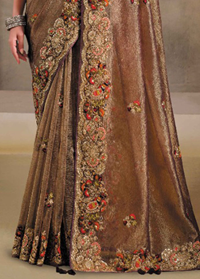Brown Spun Silk Saree With Blouse Piece