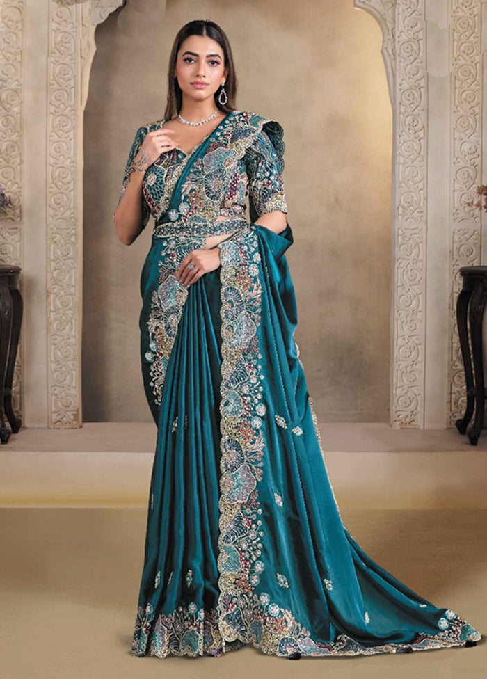 Blue Spun Silk Saree With Blouse Piece