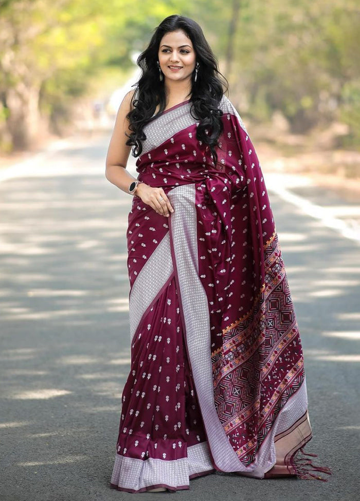 Wine Spun Silk Saree With Blouse Piece