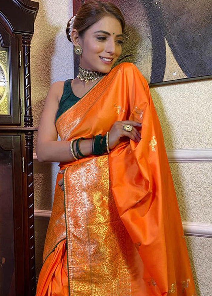 Orange Spun Silk Saree With Blouse Piece