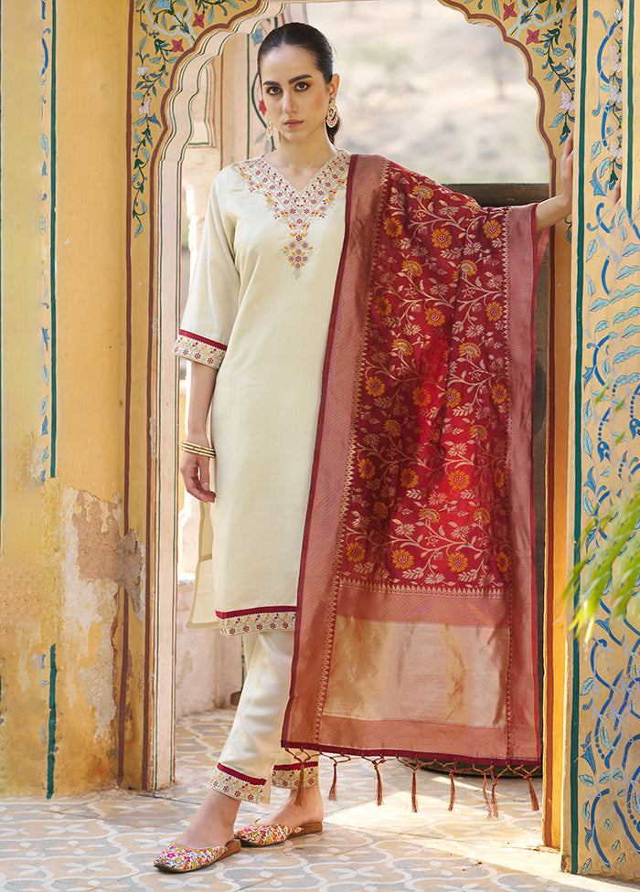 3 Pc Cream Silk Suit Set