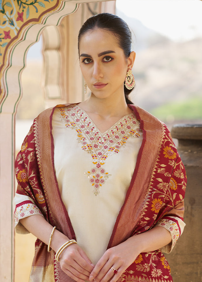 3 Pc Cream Silk Suit Set