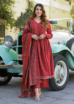 3 Pc Red Cotton Suit Set