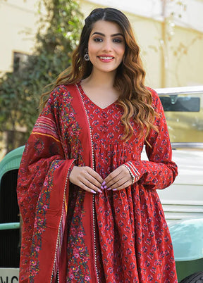 3 Pc Red Cotton Suit Set