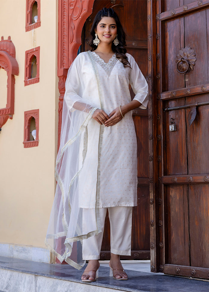 3 Pc White Silk Suit Set