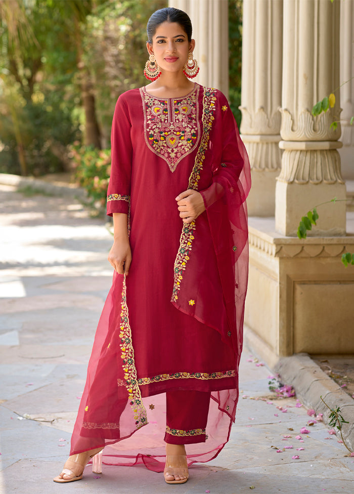 3 Pc Maroon Silk Suit Set