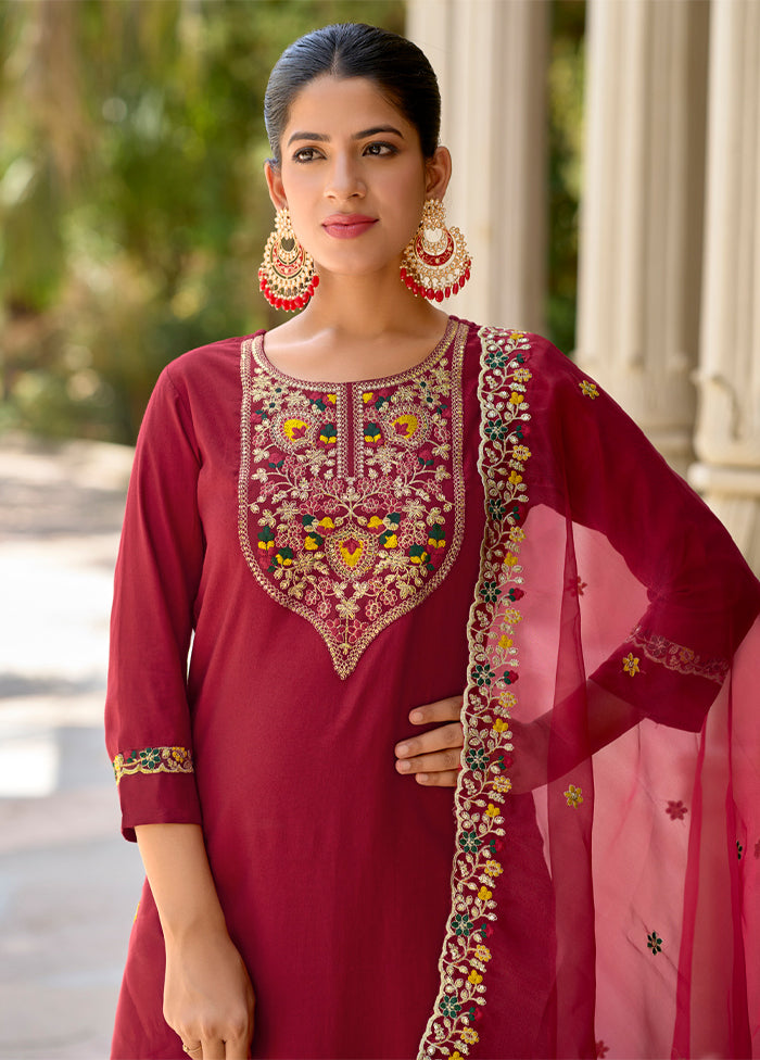 3 Pc Maroon Silk Suit Set