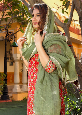 3 Pc Red Cotton Suit Set