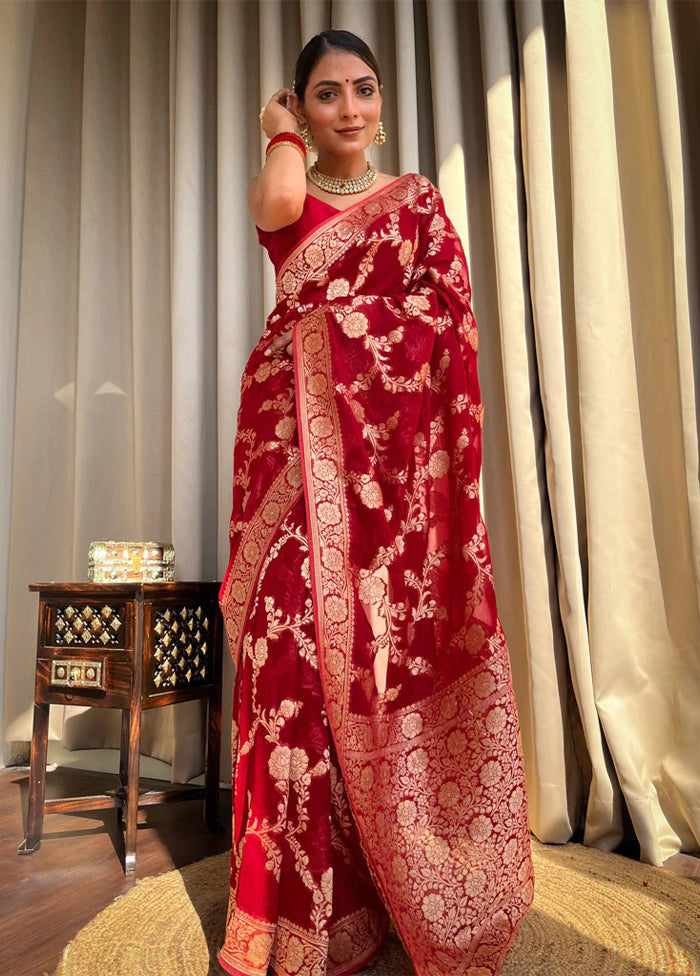 Red Spun Silk Saree With Blouse Piece