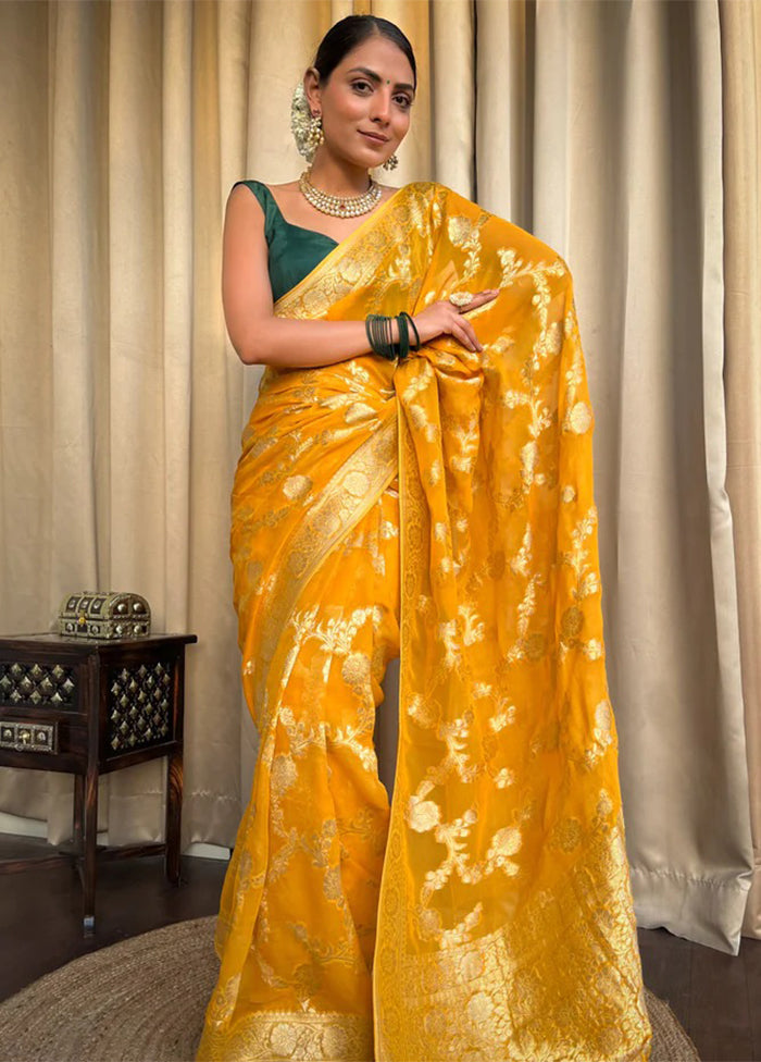 Yellow Spun Silk Saree With Blouse Piece