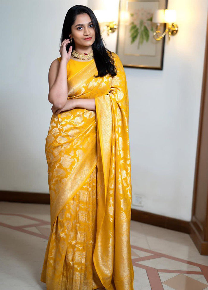 Yellow Spun Silk Saree With Blouse Piece