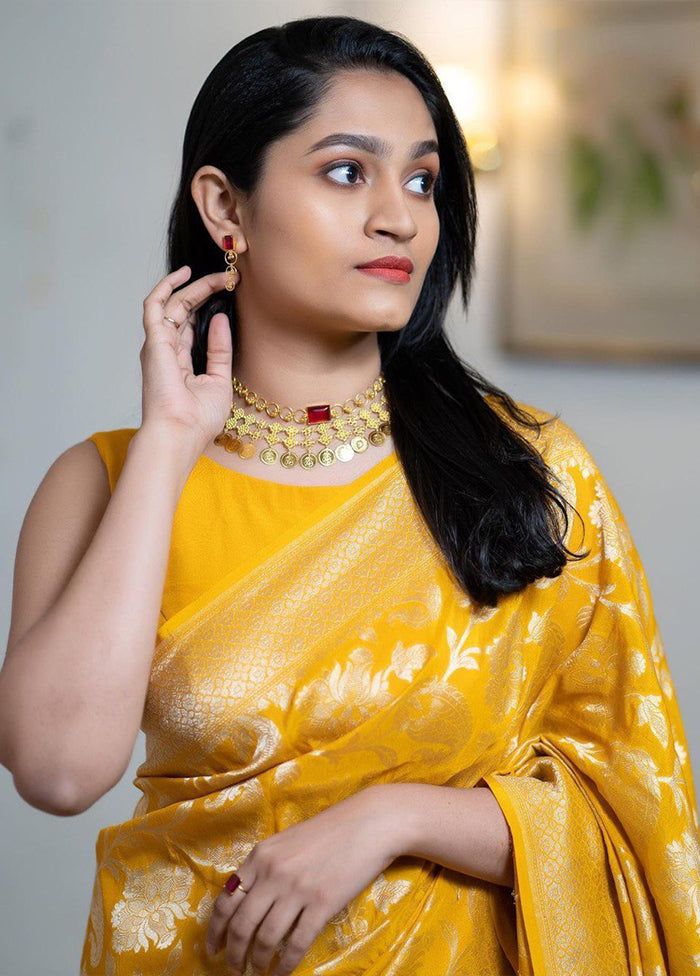 Yellow Spun Silk Saree With Blouse Piece