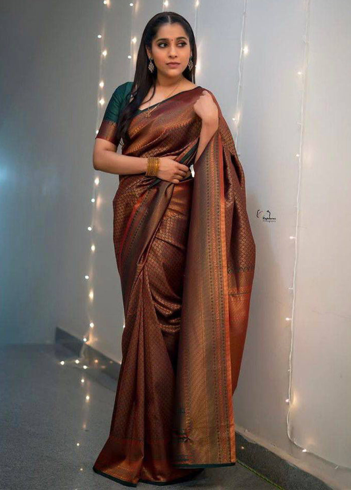 Brown Spun Silk Saree With Blouse Piece