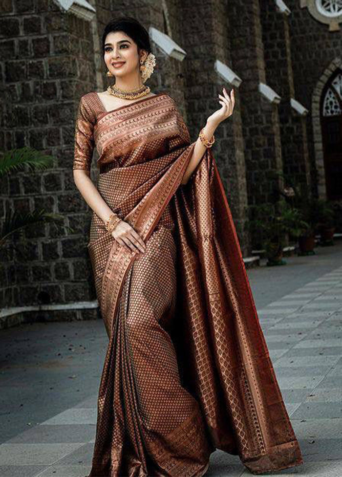 Brown Spun Silk Saree With Blouse Piece