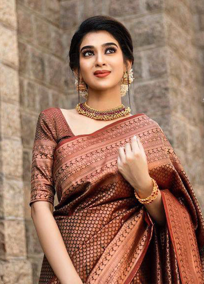 Brown Spun Silk Saree With Blouse Piece