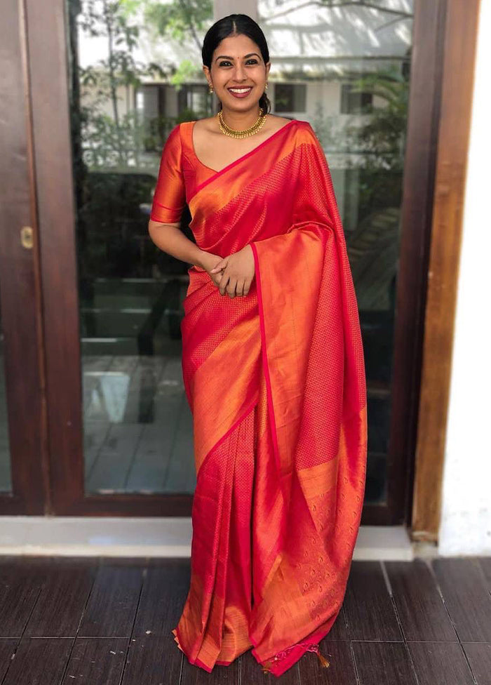 Red Spun Silk Saree With Blouse Piece