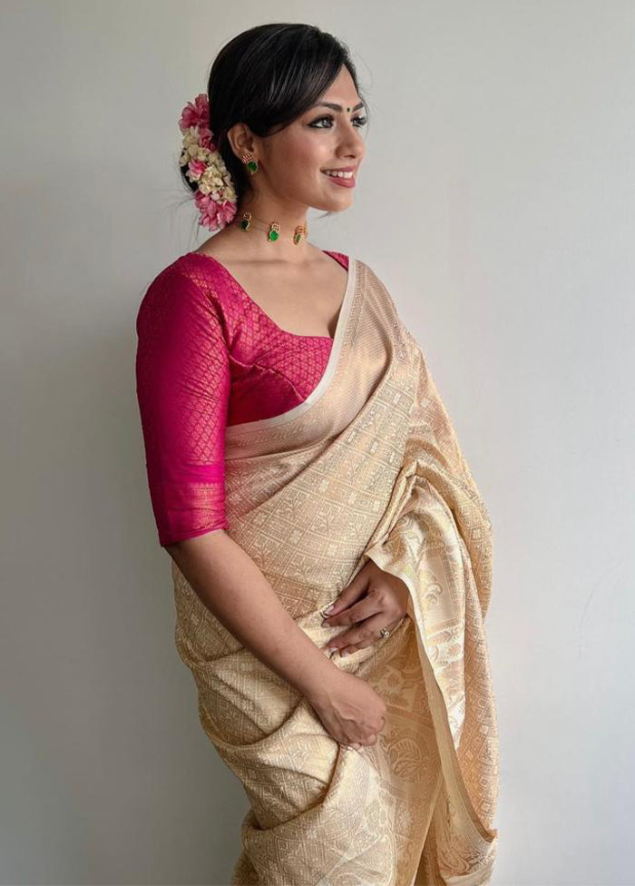 Cream Spun Silk Saree With Blouse Piece