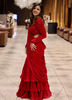 red blended silk lehenga set