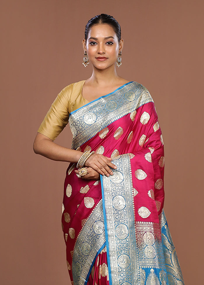 Pink Handloom Banarasi Pure Silk Saree With Blouse Piece