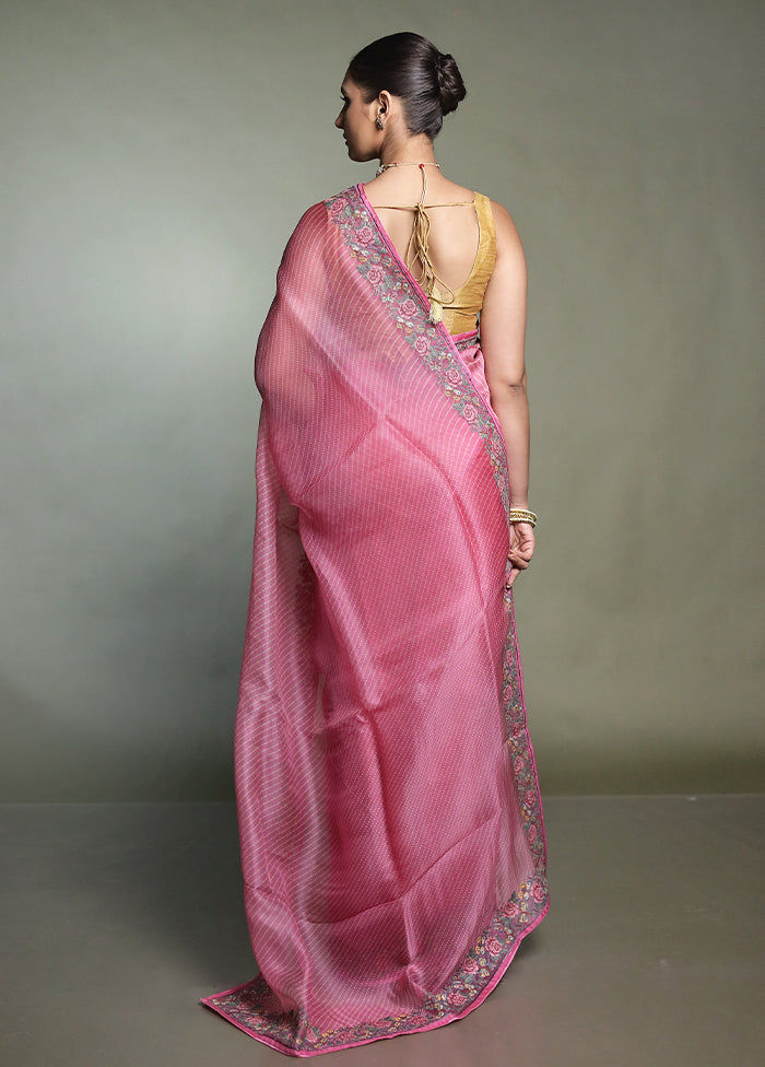 Pink Handloom Pure Organza Saree With Blouse Piece