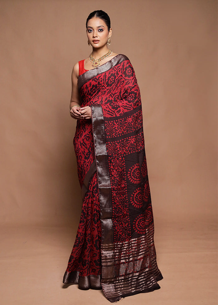 Red Printed Silk Saree Without Blouse Piece